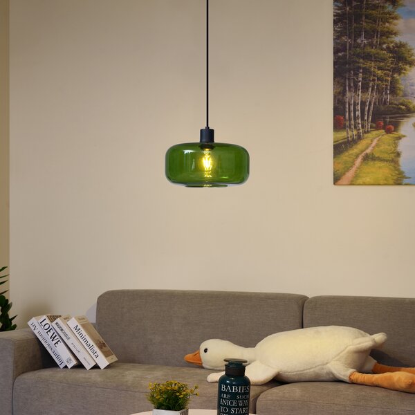 Retrowana lampa wisząca czarna ze szklanym zielonym kloszem - Bizle