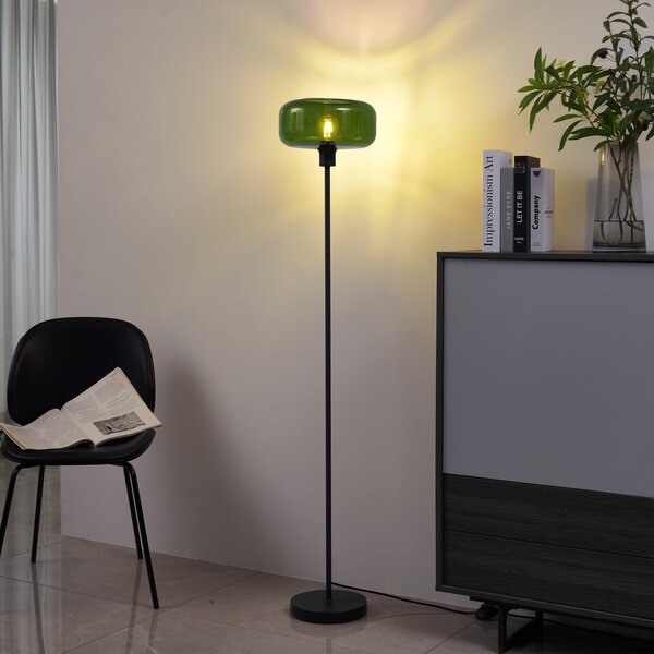 Stylowa lampa podłogowa w stylu retro, czarna z zielonym szkłem - Bizle