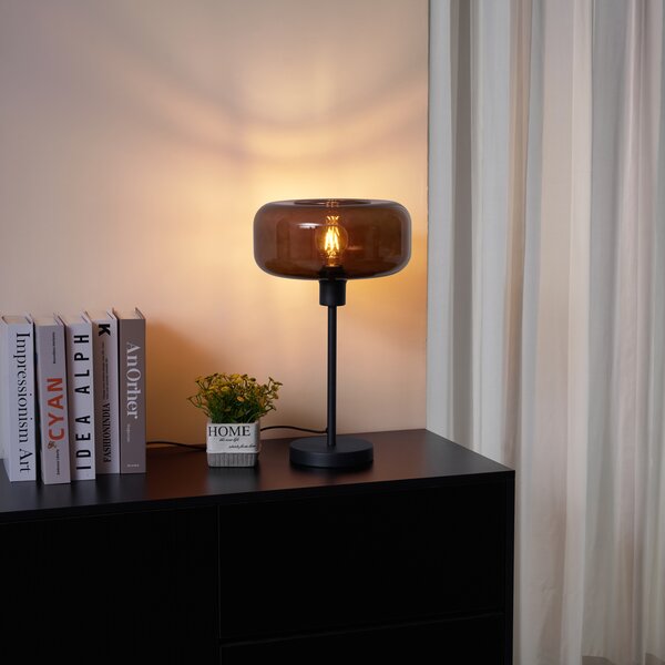Retro Lampa Stołowa Czarna z Brązowym Szkłem - Bizle