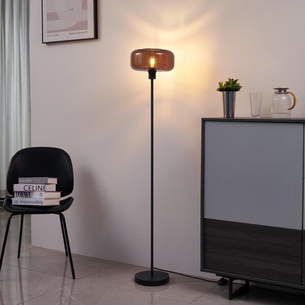 Stylowa lampa podłogowa w stylu retro, czarna z brązowym szkłem - Bizle