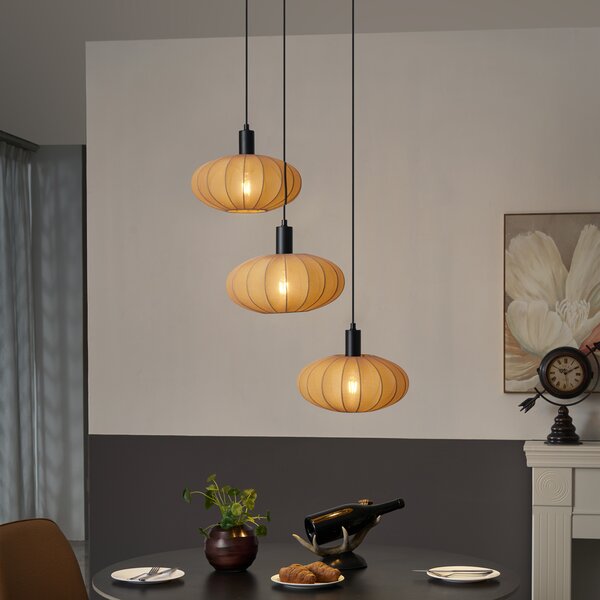 Lampa wisząca Japandi czarna z brązowym materiałowym kloszem 3-źródła światła - Bida
