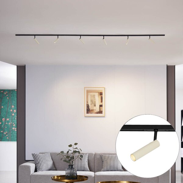 Nowoczesny system oświetlenia szynowego Slimline Uzzy z 6 reflektorami w kolorze beżowym i czarnym - 1-fazowy