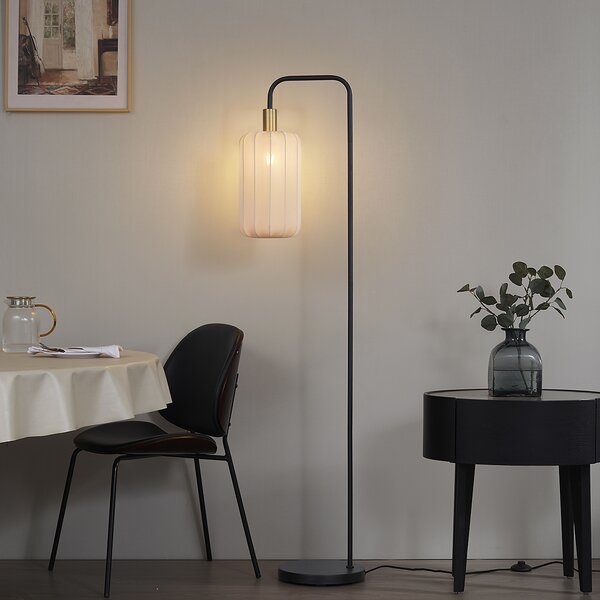 Lampa podłogowa Japandi czarna ze złotym i beżowym kloszem - Pluni