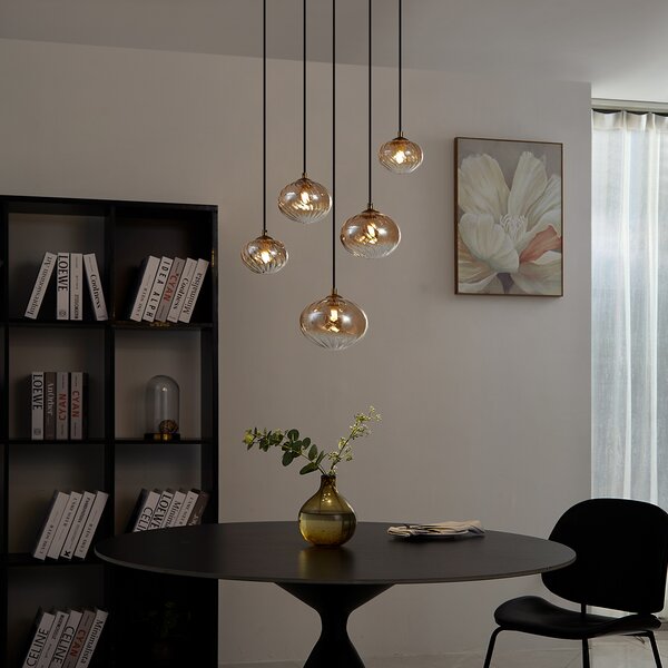 Lampa wisząca w stylu Art Deco złota z bursztynowym szkłem - Jia