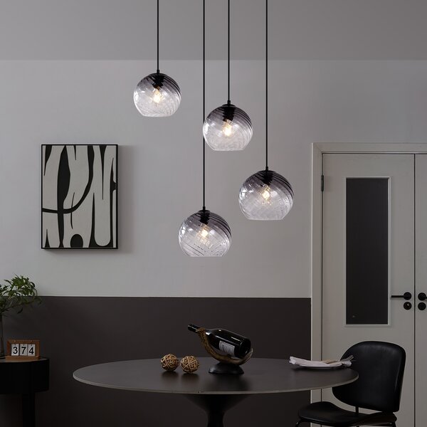 Lampa wisząca Art Deco czarna z okrągłym przydymionym szkłem 4-źródła światła - Bao
