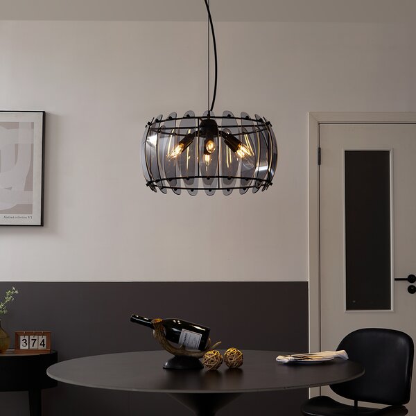 Designerska lampa wisząca czarna z okrągłym przydymionym szkłem, 6-punktowa - Mochan