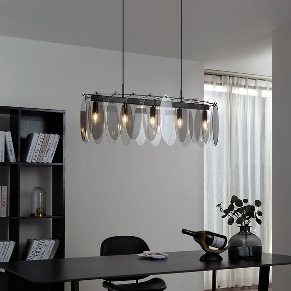 Designerska lampa wisząca czarna z dymionym szkłem owalna 5-punktowa - Mochan