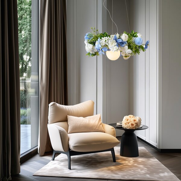 Bohemska lampa wisząca czarna z kolorowymi kwiatami niebiesko-białymi - Flower Power