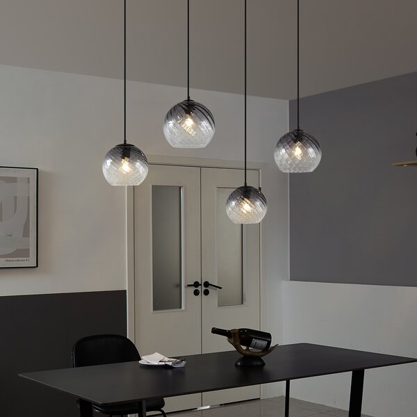 Lampa wisząca Art Deco czarna z prostokątnym przydymionym szkłem 4-źródła światła - Bao