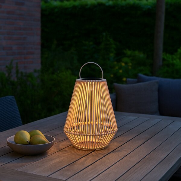 Lampa stołowa w stylu bohemy beżowa z LED, 3-stopniowy ściemniacz, IP54, ładowana solarnie - Duca
