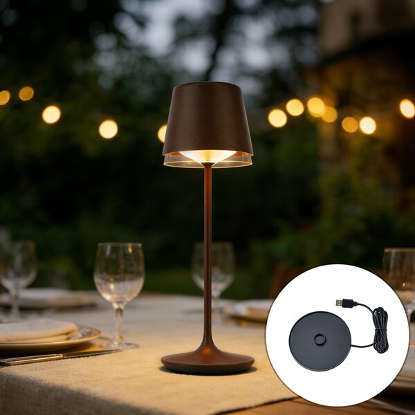 Lampa stołowa rdzawobrązowa z LED IP65, ładowalna ze stacją ładującą - Bass