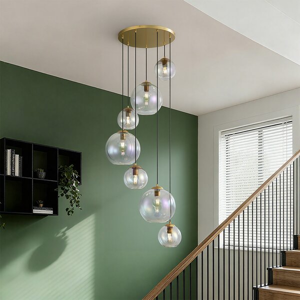 Lampa wisząca Art Deco złota z tęczowym szkłem 7-punktowa - Sandra
