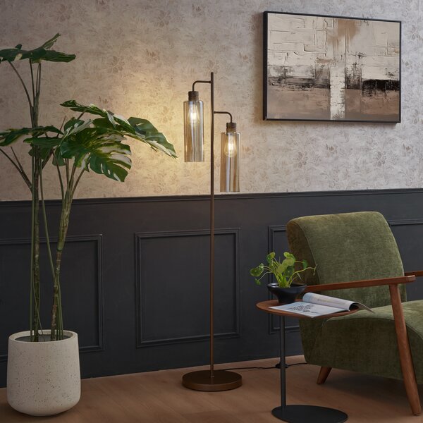 Lampa podłogowa w stylu Hotel Chic ciemny brąz z bursztynowym szkłem 2-źródła światła - Stavelot