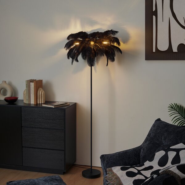 Lampa podłogowa Art Deco czarna z czarnymi piórami - Peahen