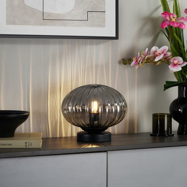 Designerska lampa stołowa czarna z przydymionym szkłem - Mochi
