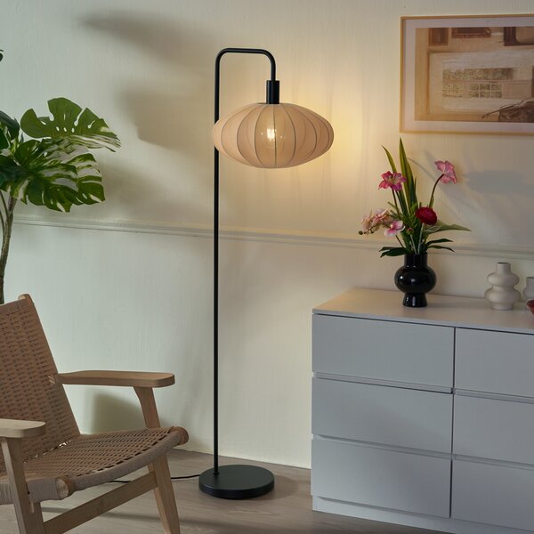 Lampa podłogowa Japandi czarna z brązowym materiałowym abażurem - Bida