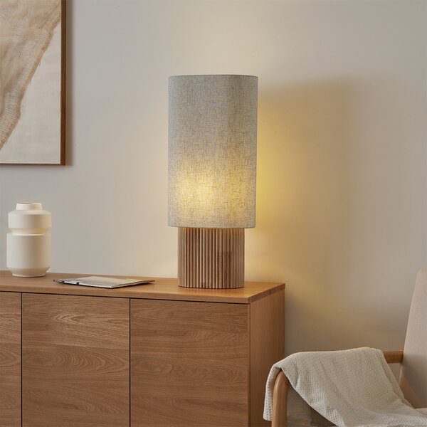 Lampa podłogowa Japandi drewniana z lnianym abażurem 70 cm - Lamel