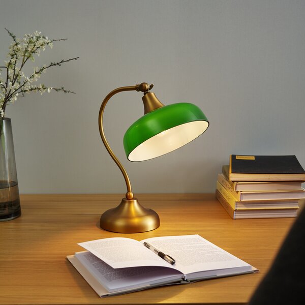 Klasyczna lampa stołowa z brązu z zielonym szkłem opalowym - Clerk