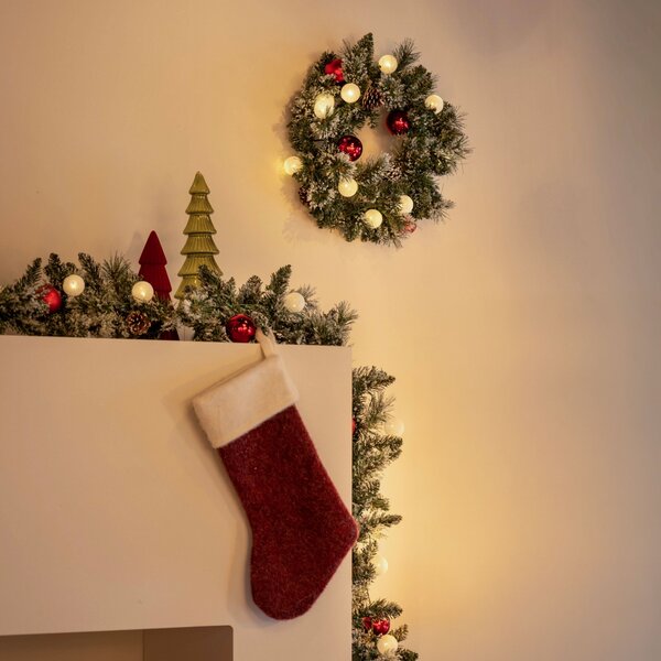 Wieniec świąteczny biały z czerwonymi elementami 45 cm z diodami LED i timerem - Jack