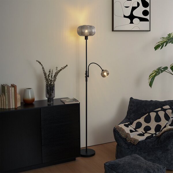 Designerska lampa podłogowa czarna z przydymionym szkłem 2-źródła światła - Brianna