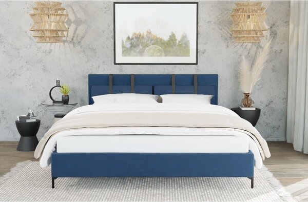 Ciemnoniebieskie tapicerowane łóżko dwuosobowe ze stelażem 140x200 cm Tulsa – Ropez
