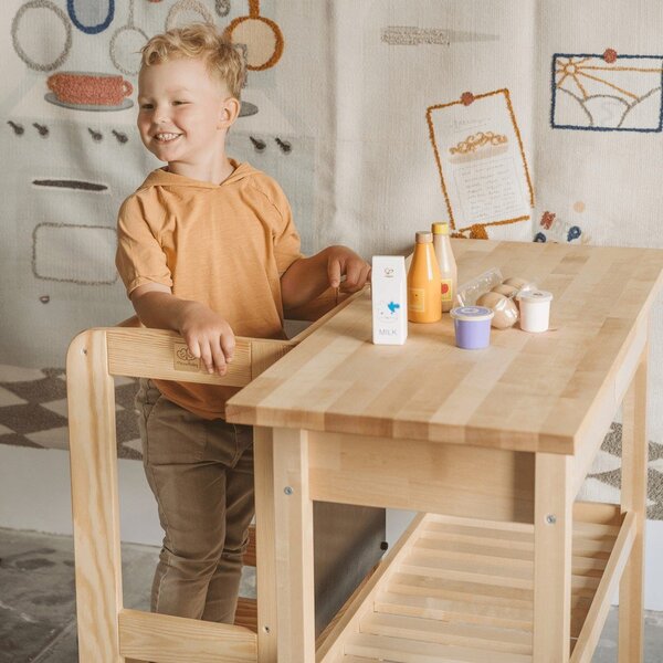 Pomocnik kuchenny dla dzieci z litego drewna sosnowego w naturalnym kolorze Montessori – Meowbaby