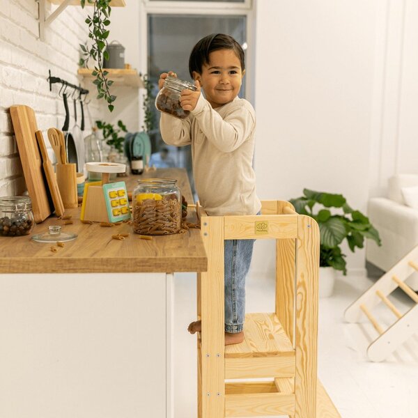Pomocnik kuchenny dla dzieci z litego drewna sosnowego w naturalnym kolorze Montessori – Meowbaby