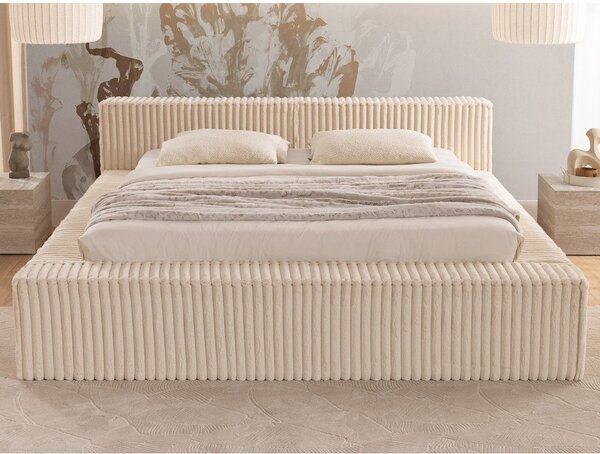 Beżowe tapicerowane łóżko dwuosobowe ze schowkiem i stelażem 160x200 cm Cloe – Ropez