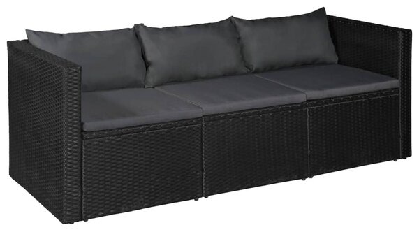 3-osobowa sofa ogrodowa, czarny polirattan z szarymi poduszkami