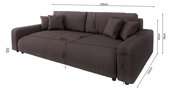 Brązowa sztruksowa rozkładana sofa ze schowkiem 234 cm Sara – Ropez