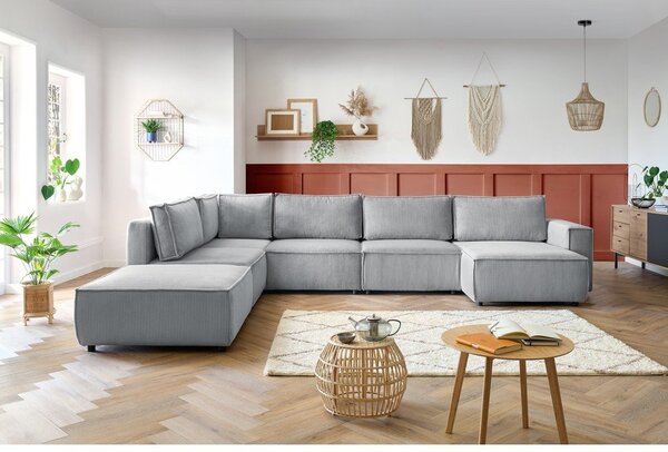 Jasnoszary sztruksowy narożnik (lewostronny/w kształcie litery U) Nihad modular – Bobochic Paris