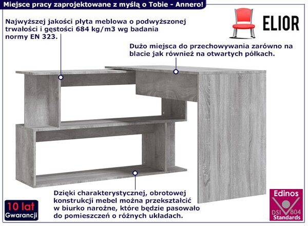 Narożne biurko z półkami szary dąb P5-D95