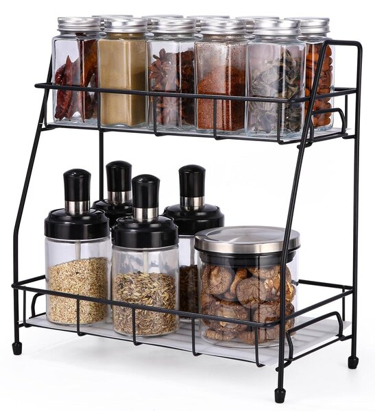 Stojak na przyprawy stojący - 2 poziomy - Metal - Matowa czerń - Organizer kuchenny