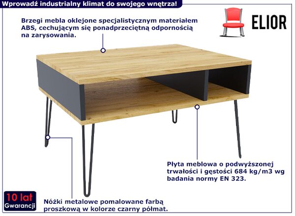 Industrialny stolik kawowy z metalowym stelażem dąb craft + czarny W6-T10