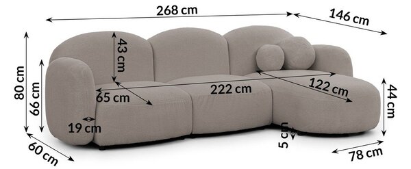 Szary narożnik z materiału bouclé (prawostronny/z szezlongiem) Orbit – Ropez