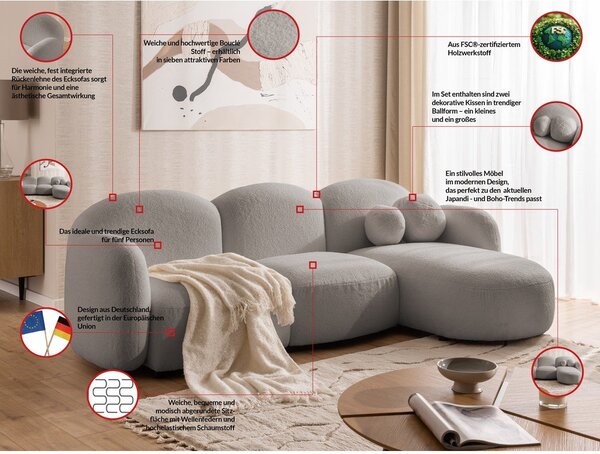 Szary narożnik z materiału bouclé (prawostronny/z szezlongiem) Orbit – Ropez