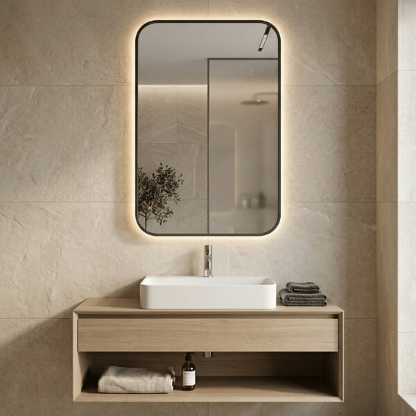 Lustro prostokątne Aura S 90x60cm Z Ramą / LED Czarny Ciepła