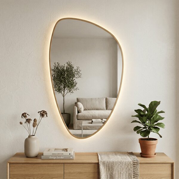 Lustro nieregularne Fluid S 92x55cm Z Ramą / LED Złoty Ciepła