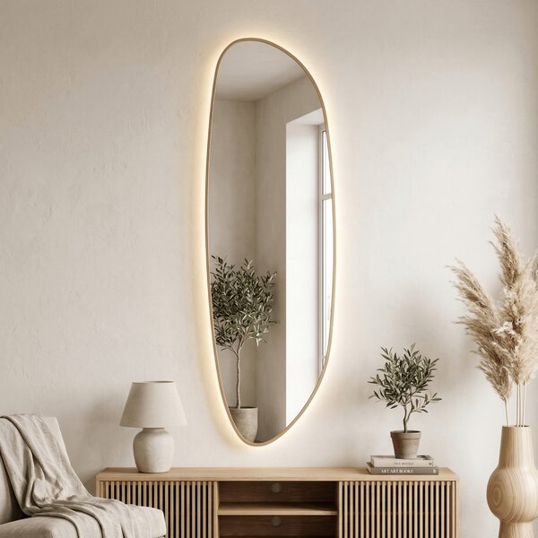 Lustro nieregularne Fluid L 155x50cm Z Ramą / LED Złoty Ciepła