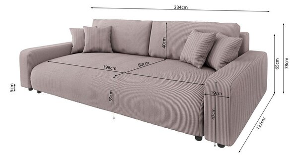 Jasnoróżowa sztruksowa rozkładana sofa ze schowkiem 234 cm Sara – Ropez