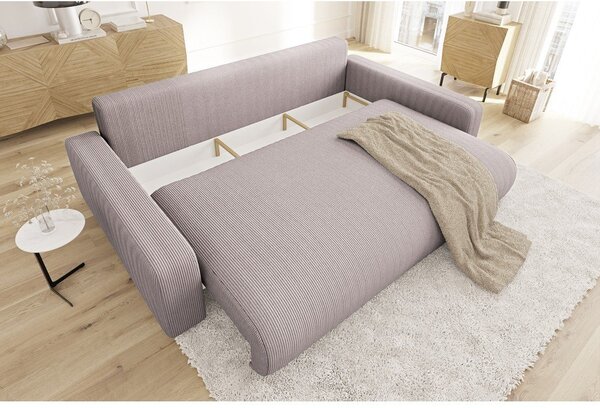 Jasnoróżowa sztruksowa rozkładana sofa ze schowkiem 234 cm Sara – Ropez