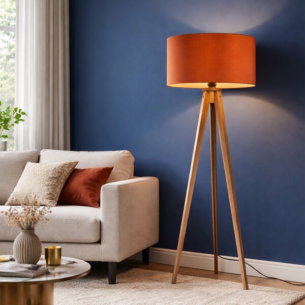 Drewniana lampa podłogowa z pomarańczowym kloszem i złotym wnętrzem 50 cm - Tripod Classic