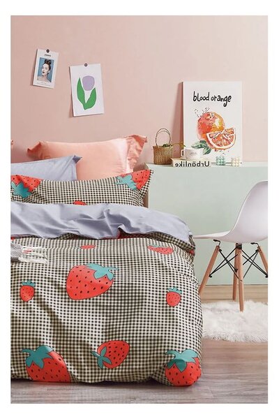Pościel jednoosobowa z bawełny renforcé z prześcieradłem 160x220 cm Strawberry – Mila Home