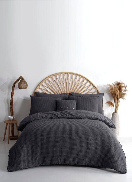 Antracytowa pościel jednoosobowa z bawełny renforcé 140x200 cm Waffle Striped – Mila Home Luxury