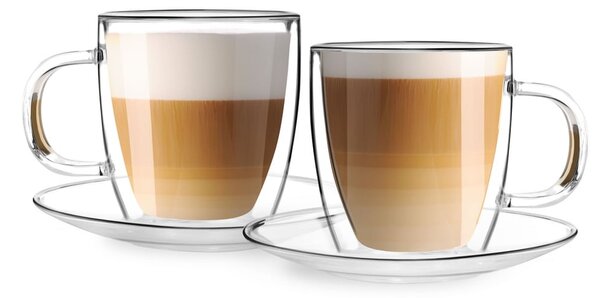 Zestaw 2 szklanych filiżanek z podwójną ścianką i spodkami Vialli Design, 250 ml