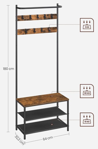 Ściana do przedpokoju TAYLOR z szafką na buty 180x64 cm, rustykalny brąz