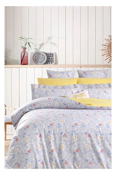 Żółto-szara pościel dwuosobowa z bawełny renforcé z prześcieradłem 200x220 cm – Mila Home