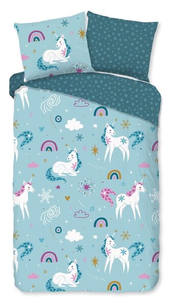 Niebieska flanelowa pościel dziecięca jednoosobowa 140x220 cm Snowycorn – Good Morning