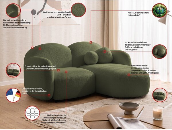 Zielony narożnik z materiału bouclé (prawostronny/z szezlongiem) Orbit – Ropez