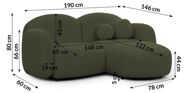 Zielony narożnik z materiału bouclé (prawostronny/z szezlongiem) Orbit – Ropez